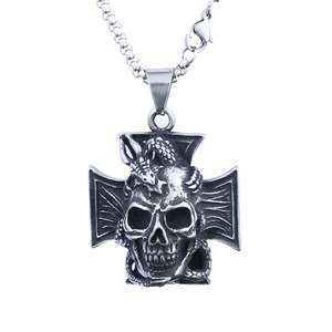 Gothic stainless steel necklace with silver skull scorpion cross pendant on white background