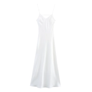 Detail of elegant white satin long dress featuring a backless design and thin straps