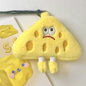 Plush cheese coin purse with cute expression and woven lanyard for neck hanging