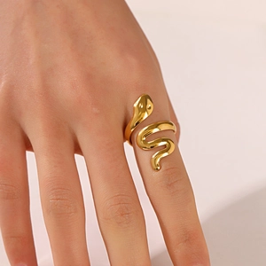 18K gold-plated snake-shaped stainless steel open ring with a polished finish for women