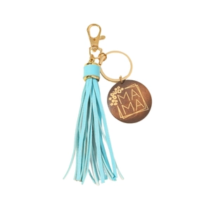 Himmelblauer PU Leder Quasten Anhänger mit graviertem MAMA Holzschild und Goldring