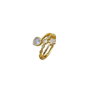 Adjustable gold open ring featuring interlocking heart and star motifs with white zircon