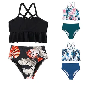 Girls Swimsuit Top And Bottom Ruffle Trim Bikini Tropical Floral High Waisted Swimwear Nylon Spandex Cross Back Straps