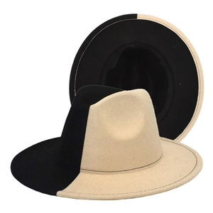 Two-tone wool fedora hat with black and beige gradient design and wide brim