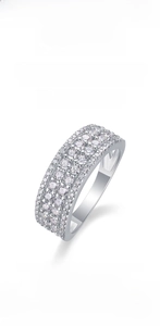 Macro shot of S925 sterling silver ring with three rows of pavé set moissanite stones