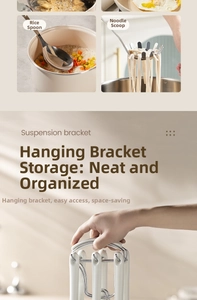 Polished stainless steel rice spoon and pasta server with white handle on suspension bracket