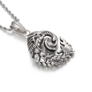 Gothic stainless steel dragon pendant necklace with detailed scales on twisted rope chain