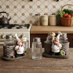 Creative chef resin spice jar holder with glass pepper shakers for kitchen decor