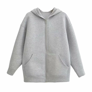 Gray zip-up hooded sweatshirt in longline space cotton with kangaroo pockets and soft texture