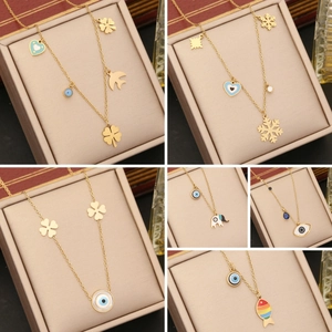 Stainless Steel Gold Plated Necklace Evil Eye Heart Elephant Fish Charms Enamel Drip Oil Fashion Clavicle Chain For Women