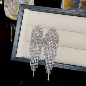 Elegant silver tassel earrings with geometric crystals and long dangling fringes