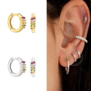 S925 silver post geometric huggie earrings with colorful zircons in gold and silver