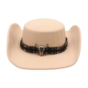 Khaki wool felt cowboy hat with ethnic braided band and silver bull skull ornament