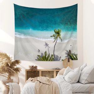 Tropical beach landscape tapestry with turquoise water and palm trees for wall decor