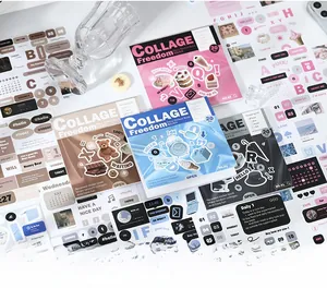 Flat lay of vintage scrapbooking stickers in pink, blue, brown and black themes