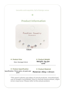 Close-up of a 3-pair zircon stud earring set on display card with 0.6cm size detail