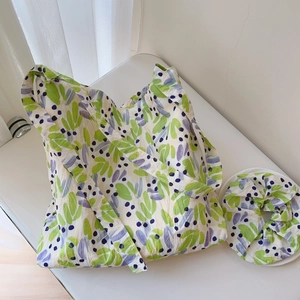 Floral print cotton tote bag with matching hair scrunchie set in fresh green and purple