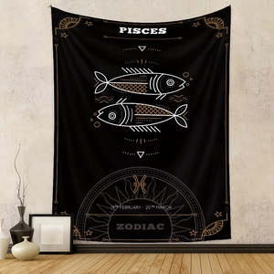 Detail of Pisces zodiac tapestry hanging on a textured wall with gold and white silk screen