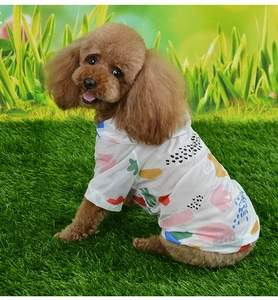 Detail of breathable dog summer shirt with colorful geometric patterns for small dogs