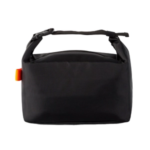Waterproof insulated black lunch bag with adjustable buckle handle and orange side label