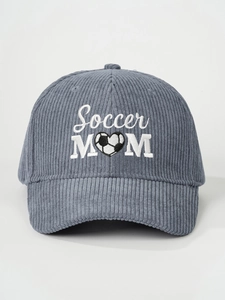 Close-up of Soccer MOM embroidery and heart-shaped soccer ball on corduroy cap