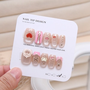 Handmade cat eye press-on nails with red heart and gold glitter accents in size M