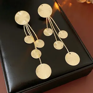 Long Tassel Dangle Earrings Metallic Round Disc Sunray Etched Texture With Silver Earring Post Elegant Fashion Jewelry For Women