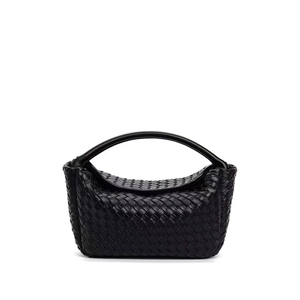 Chic black woven leather mini lunch bag with top handle and sleek hobo style design