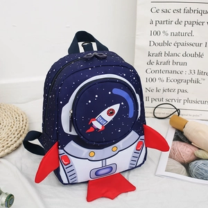 Close-up of a space rocket backpack for toddlers with anti-lost leash and wing detail