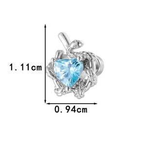 Silver snake-shaped piercing stud wrapping a heart-shaped blue zircon stone