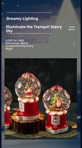 Luminous Christmas crystal ball featuring Santa Claus and reindeer on a rustic wood base