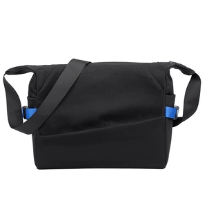 Black fashion messenger bag for men with blue contrast adjustment straps on white background