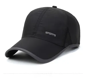 Detail of black quick-dry baseball cap with SPORTS logo and breathable side mesh panels