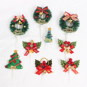 Golden Christmas cake topper set with wreath, tree and Merry Christmas sign