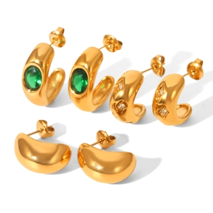 Three pairs of C-shaped gold-plated earrings with emeralds, zircons and sleek bean studs