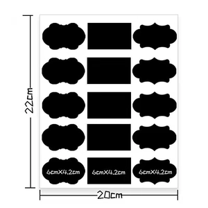 Detailed size chart for 15-count black PVC chalkboard labels measuring 22cm by 20cm