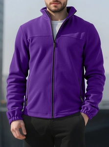 Detail of soft fleece texture and zipper pocket on purple stand-collar jacket