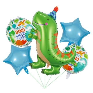 5-piece dinosaur foil balloon set with green dinosaur and blue stars for party decor