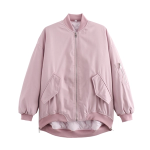 Detail view of pink flight jacket featuring side pockets and sleeve zipper pocket