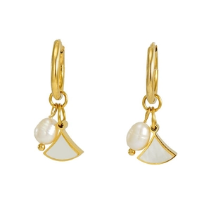 Golden fan-shaped earrings with white inlay and irregular pearls in a classic design