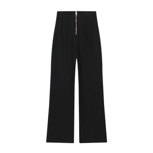 Pantalon large noir à taille haute avec une fermeture éclair dorée sur le devant