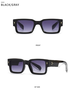 Front and side view of black square sunglasses with grey gradient lenses in high detail