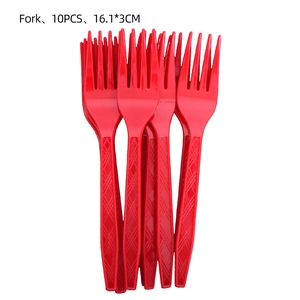 Set of 10 red plastic forks with textured handles for summer crayfish party tableware