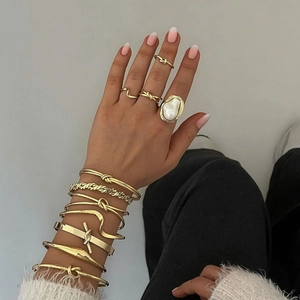 Exaggerated stainless steel pearl rings and gold cuff bracelets set for women