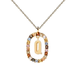 Close-up of gold pendant necklace featuring letter Q with vibrant colorful gemstones