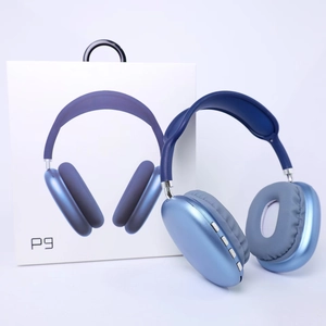 Blue P9 wireless over-ear headphones displayed with their premium retail packaging