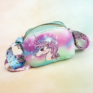 Close-up of unicorn crossbody bag showing PU leather texture and wide printed strap