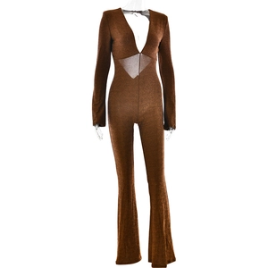 Detail view of brown V-neck long sleeve jumpsuit with sexy waist cut-out and glossy finish