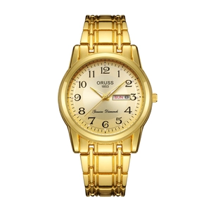 Gold luminous quartz watch with Arabic numerals and day-date display for men