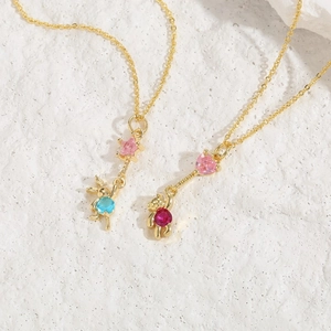 Charming gold-plated bear and bunny pendants with colorful zircon heart and star stones